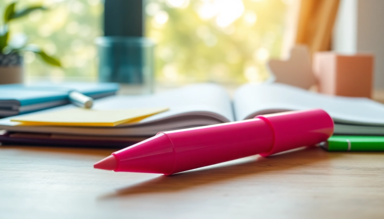 Highlight important notes with a vibrant pink highlighter pen against a colorful stationery backdrop.