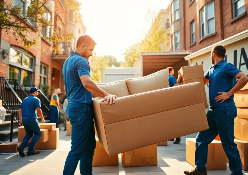 Professional Queens movers efficiently relocating furniture during a residential move.