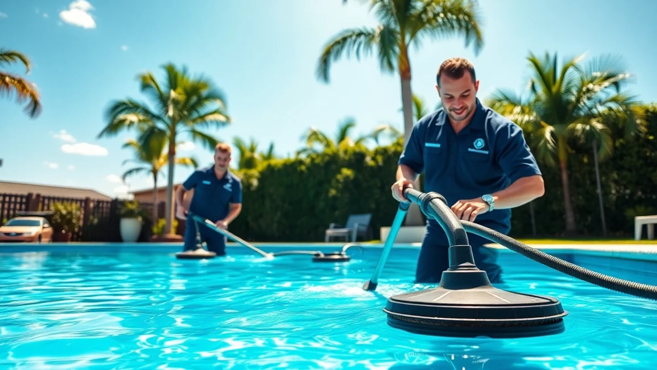 Expert swimming pool service in Pinellas County maintaining a sparkly blue pool, ensuring quality care.