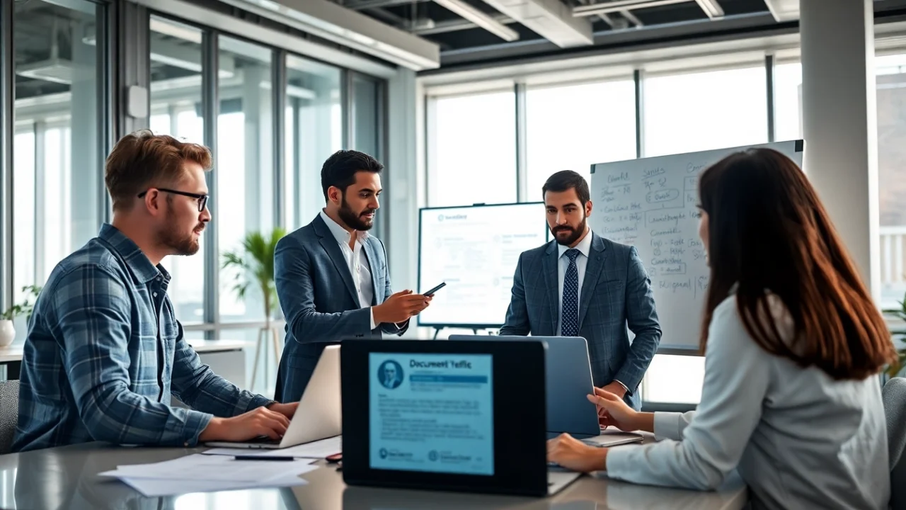 Streamlined document verification process showcased by a diverse team in a modern office.