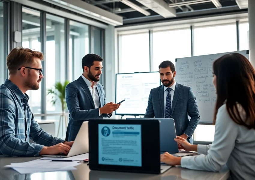 Streamlined document verification process showcased by a diverse team in a modern office.