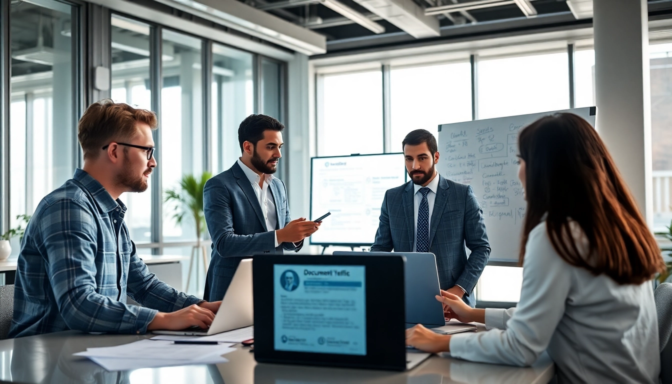 Streamlined document verification process showcased by a diverse team in a modern office.