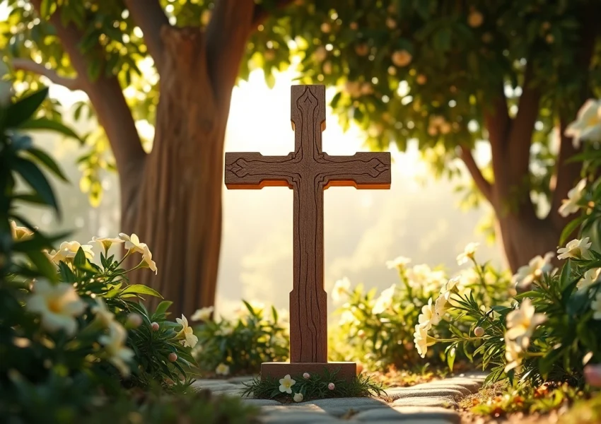 Admire the beautifully carved Jerusalem crosses surrounded by peaceful garden elements.