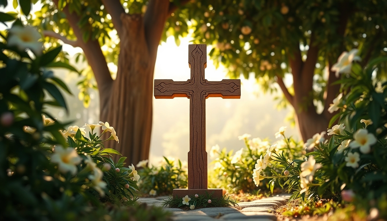 Admire the beautifully carved Jerusalem crosses surrounded by peaceful garden elements.