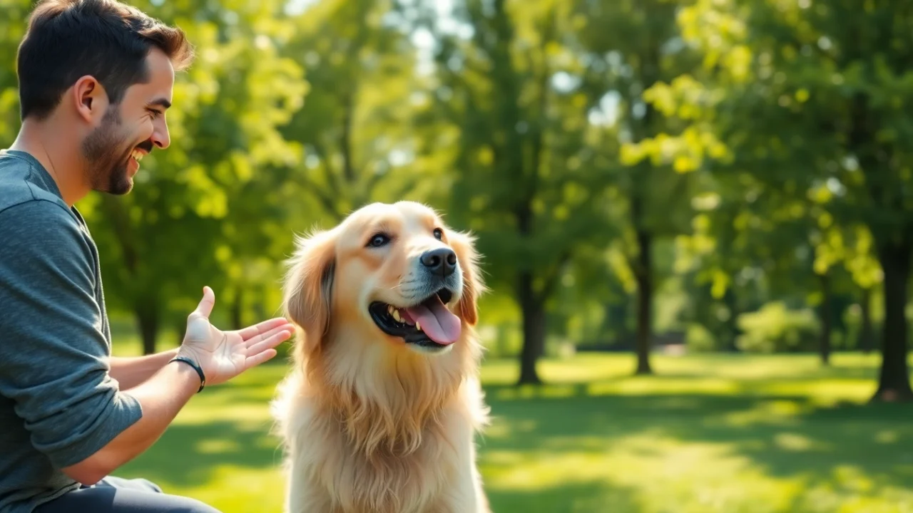 Dog Training Irvine session showcasing positive interaction between trainer and golden retriever.
