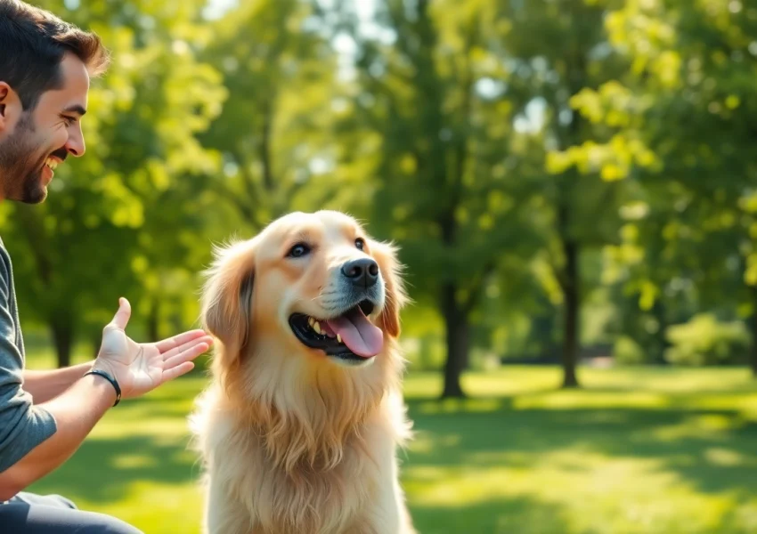 Dog Training Irvine session showcasing positive interaction between trainer and golden retriever.