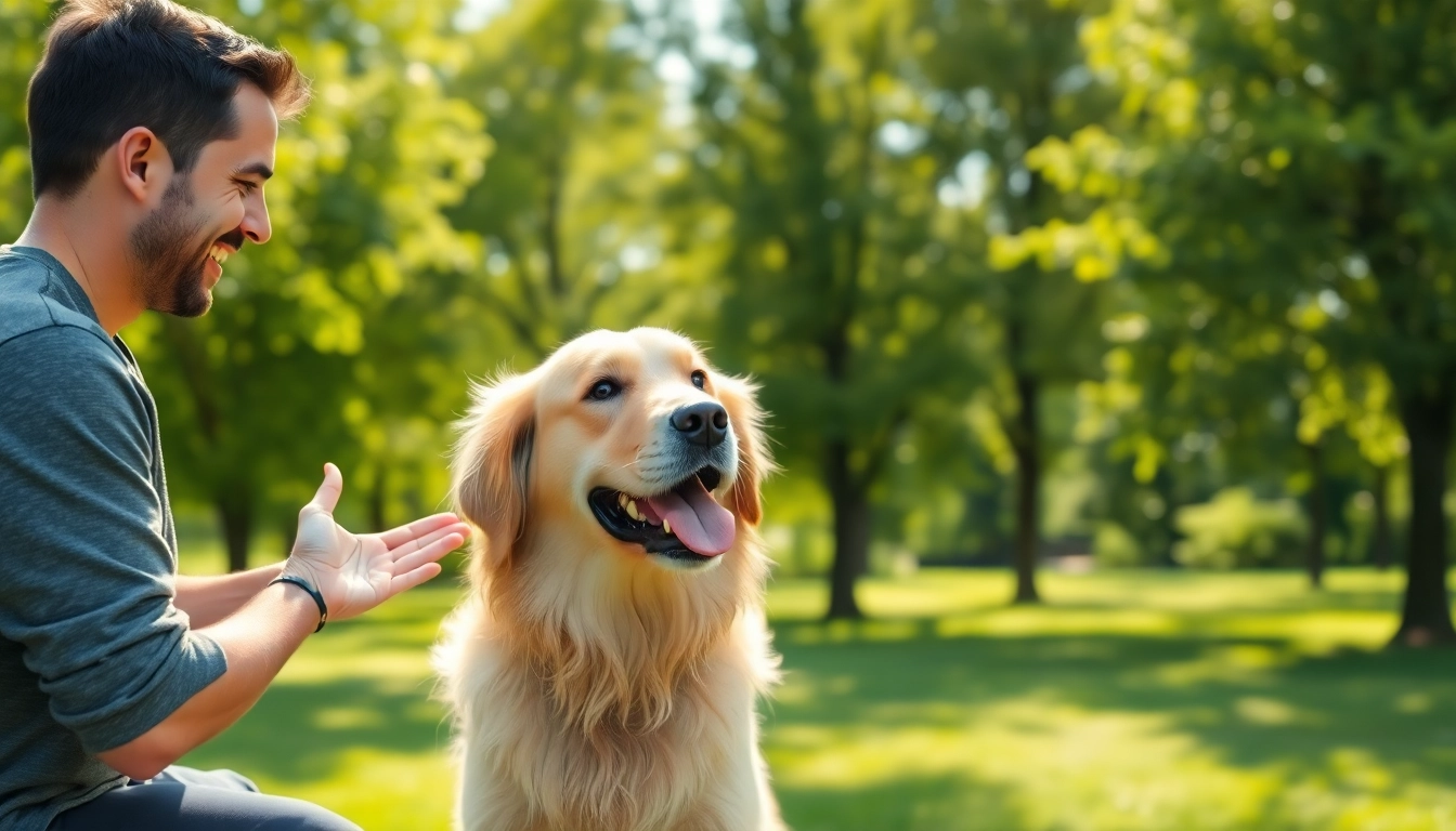 Dog Training Irvine session showcasing positive interaction between trainer and golden retriever.