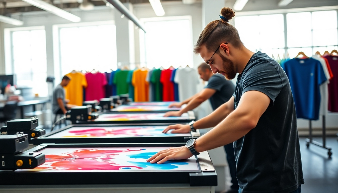 Showcase of t shirt printing edmonton with a technician at work in a vibrant studio.