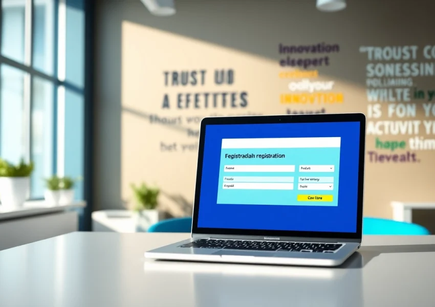 Engaging visual depicting an online trademark registration platform interface on a modern desk.