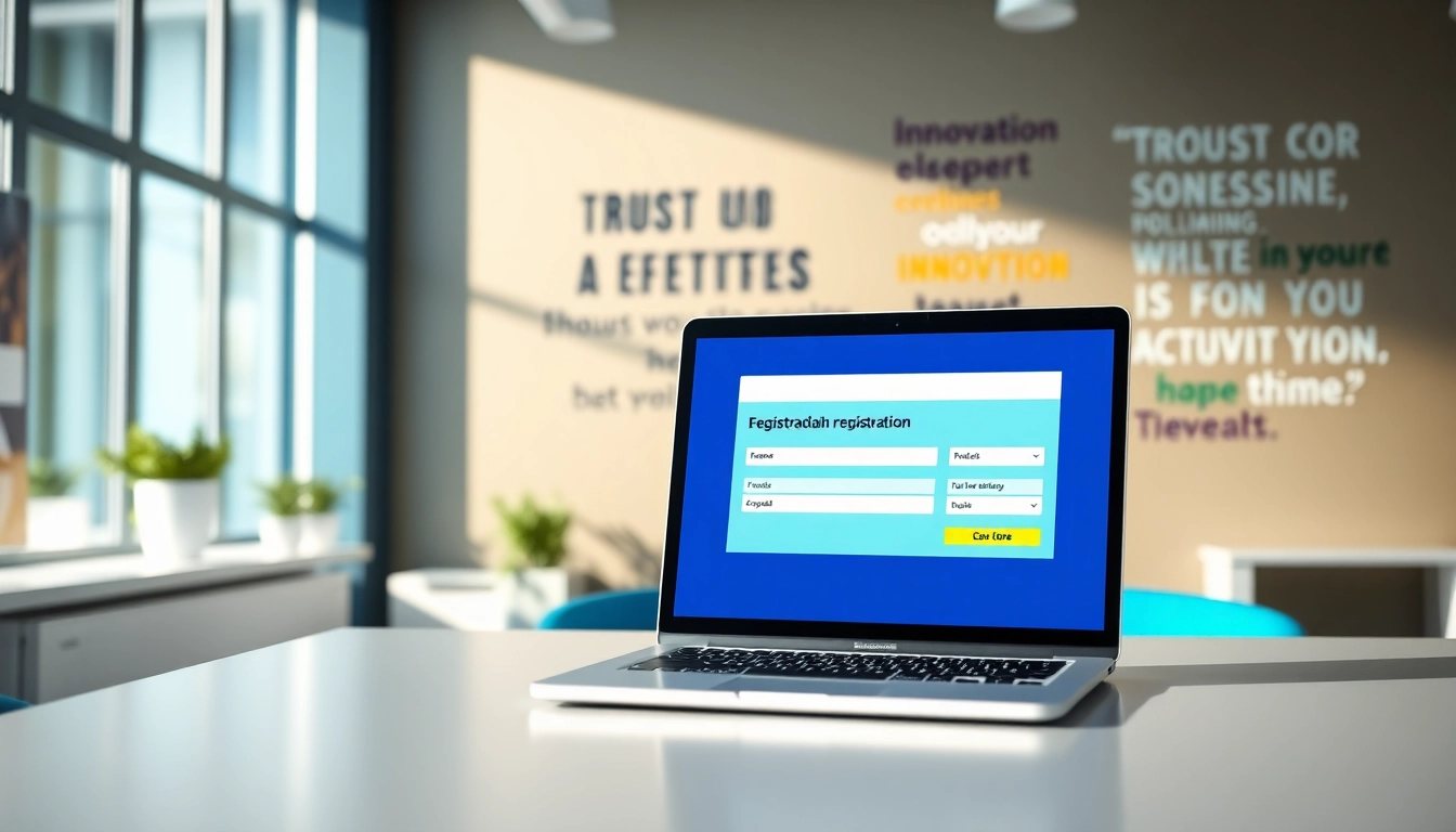 Engaging visual depicting an online trademark registration platform interface on a modern desk.