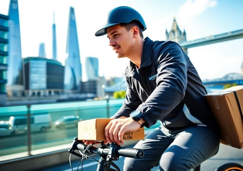 Delivering a package with same day courier service London in a vibrant urban setting.