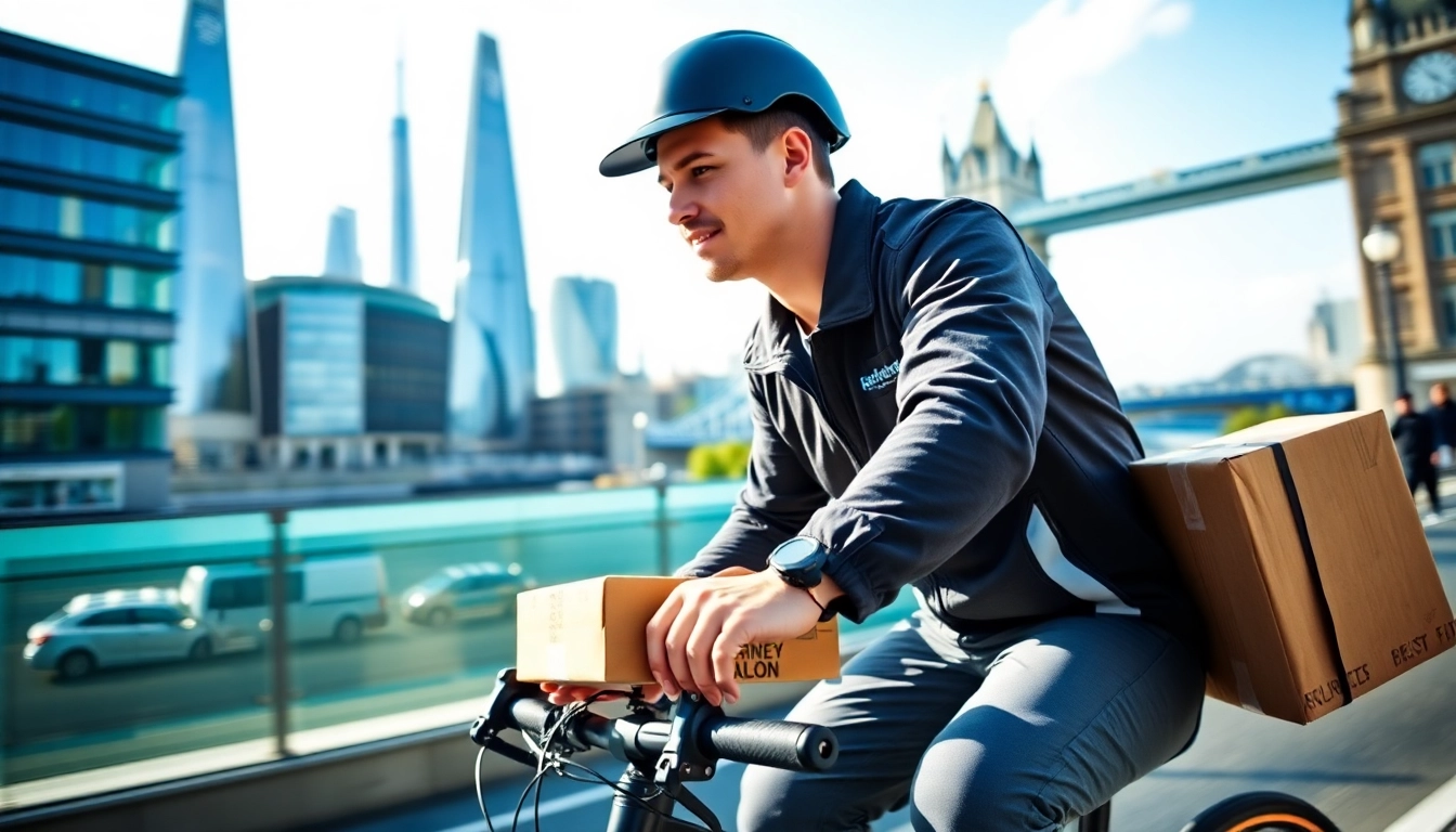 Delivering a package with same day courier service London in a vibrant urban setting.