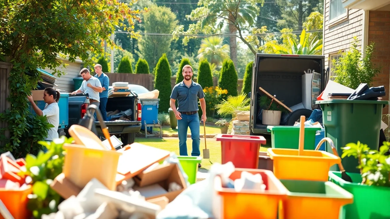 Junk removal service team efficiently clearing clutter from a backyard, transforming chaos into cleanliness.