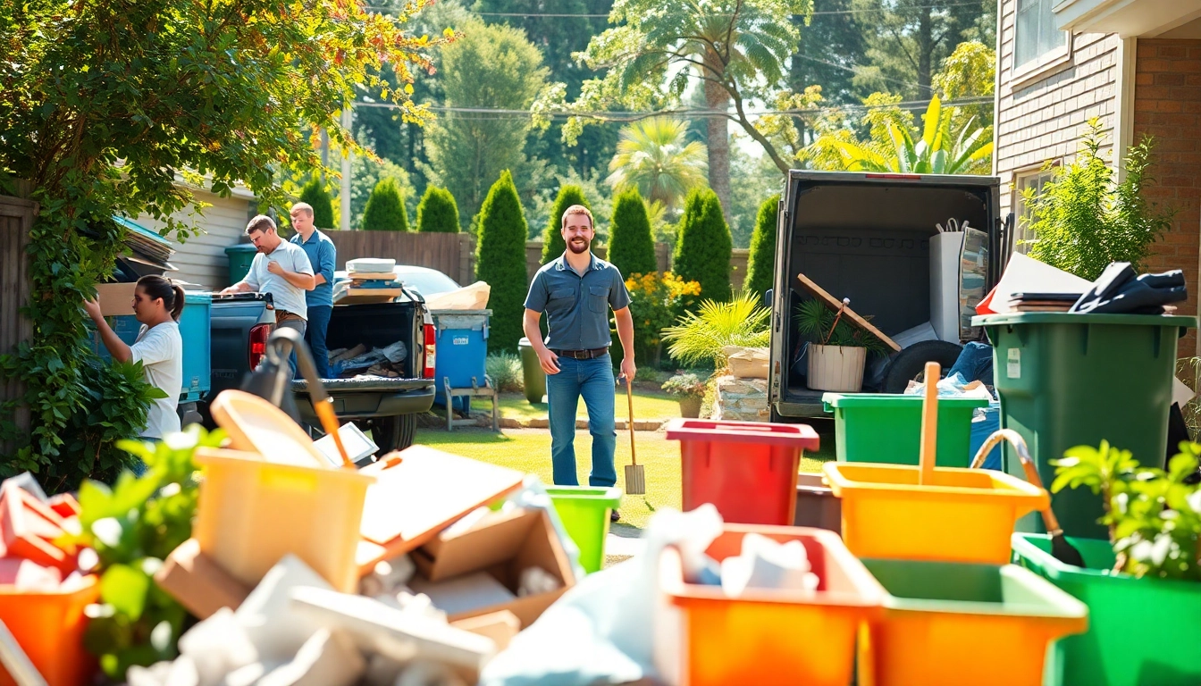 Junk removal service team efficiently clearing clutter from a backyard, transforming chaos into cleanliness.