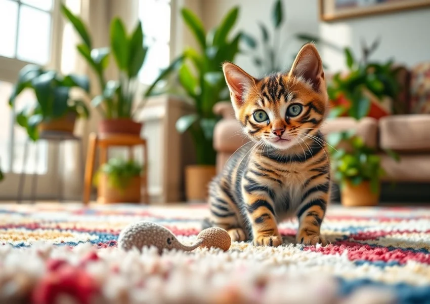 Playful Bengal Kittens for Sale showcasing a stunning kitten in a cozy home setting.