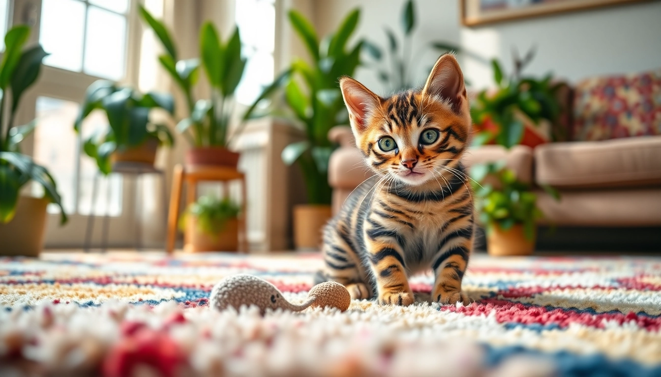 Playful Bengal Kittens for Sale showcasing a stunning kitten in a cozy home setting.