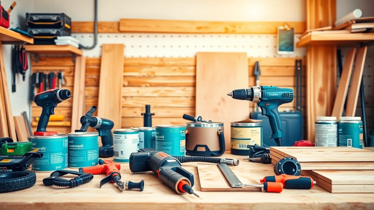 Produkte von https://heimwerkglobal.de/ in einem modernen DIY-Arbeitsplatz mit Werkzeugen und Materialien.