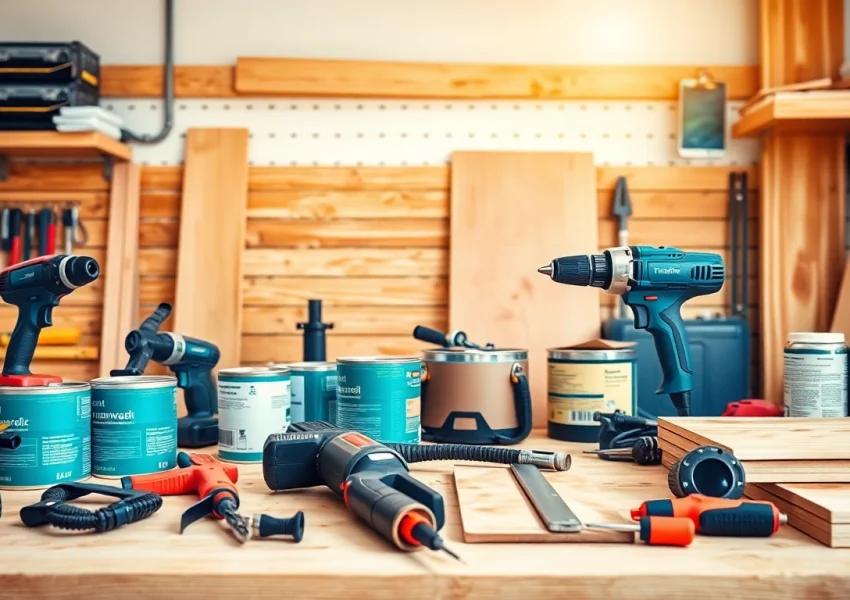 Produkte von https://heimwerkglobal.de/ in einem modernen DIY-Arbeitsplatz mit Werkzeugen und Materialien.