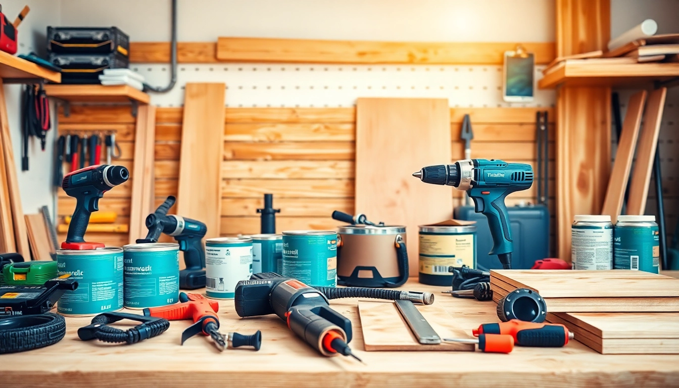 Produkte von https://heimwerkglobal.de/ in einem modernen DIY-Arbeitsplatz mit Werkzeugen und Materialien.