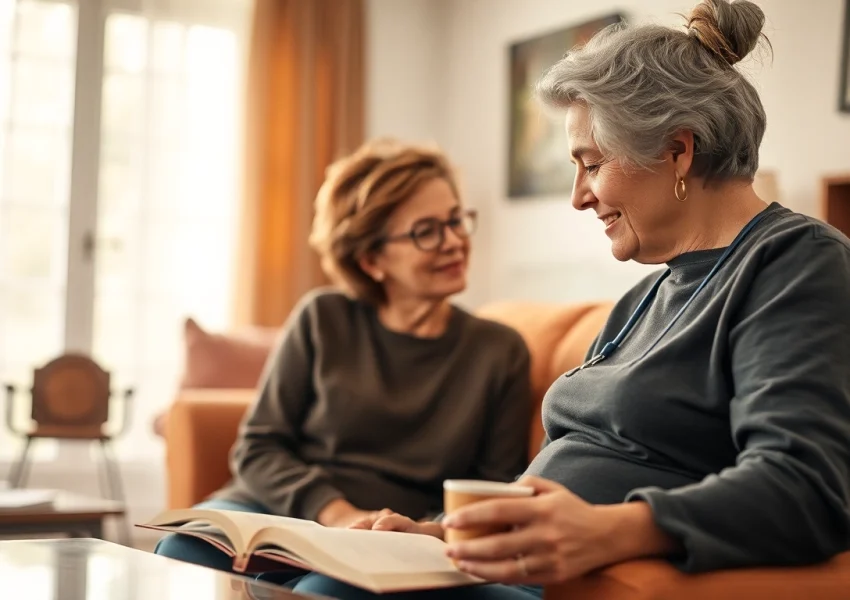 Engaging caregiver providing austin senior home care support to an elderly client in a cozy setting.