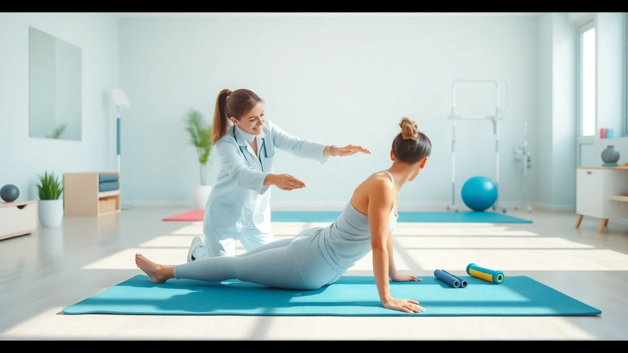 Therapist assisting a patient with exercises during physiotherapy near me session in a bright clinic.