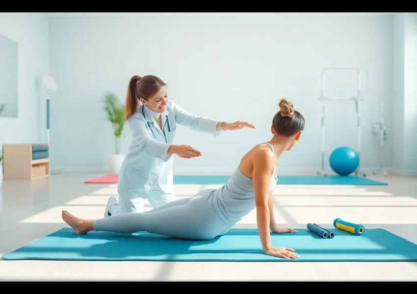 Therapist assisting a patient with exercises during physiotherapy near me session in a bright clinic.
