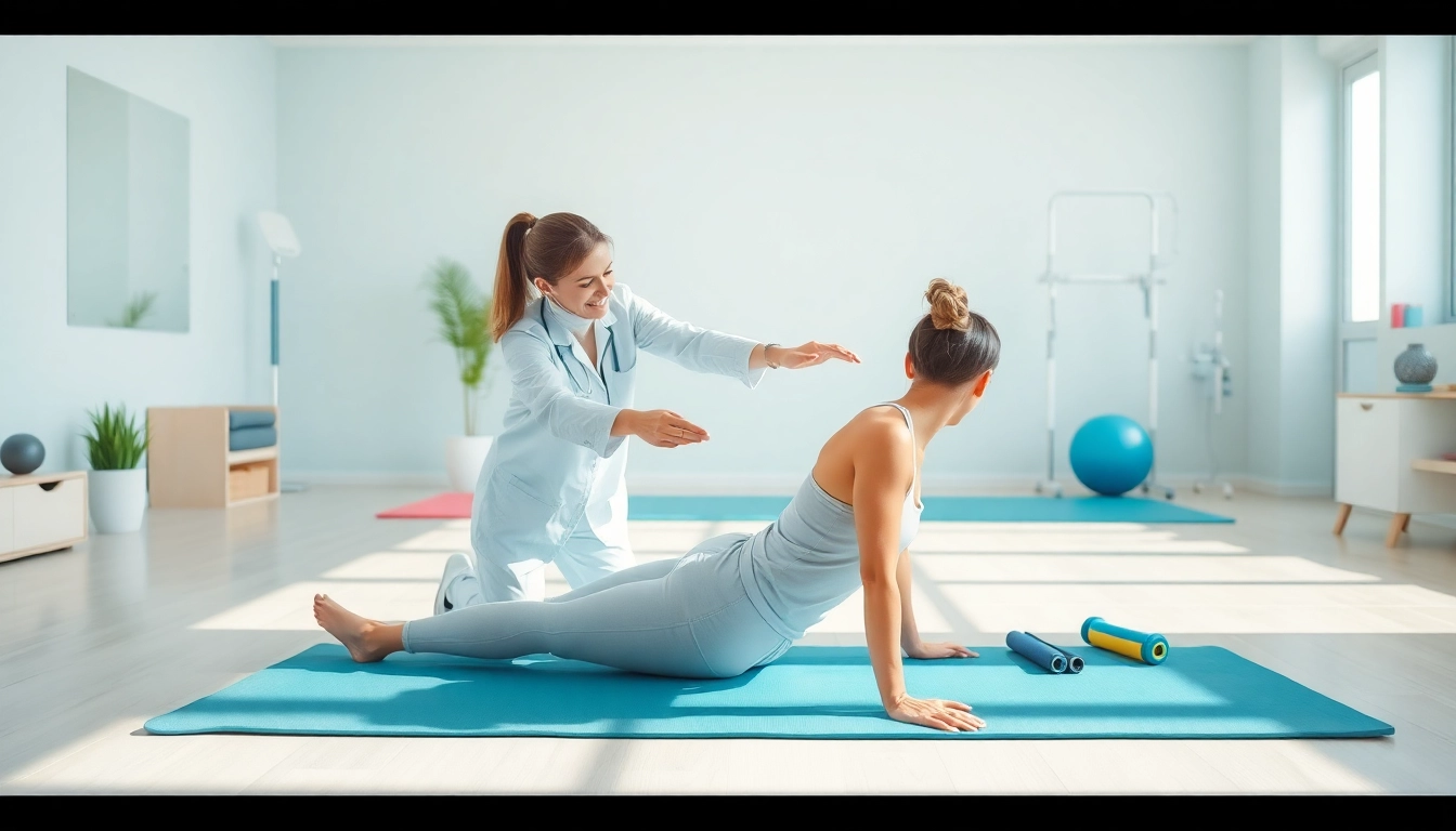 Therapist assisting a patient with exercises during physiotherapy near me session in a bright clinic.