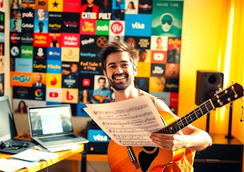 Musician engaging in music pitching with instruments and digital platforms for visibility.
