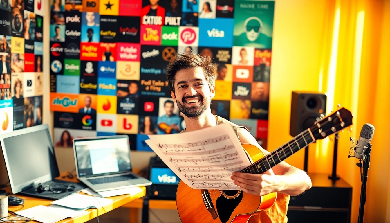 Musician engaging in music pitching with instruments and digital platforms for visibility.