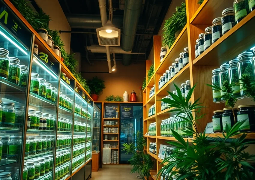 Browse diverse products at this inviting cannabis store with a warm ambiance.