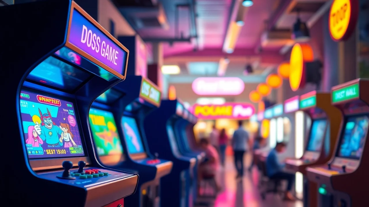 Play classic dos games online in a vibrant arcade setting with retro gaming elements.