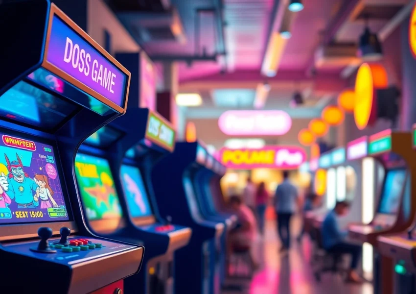 Play classic dos games online in a vibrant arcade setting with retro gaming elements.