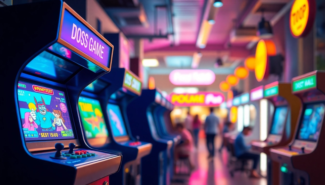 Play classic dos games online in a vibrant arcade setting with retro gaming elements.
