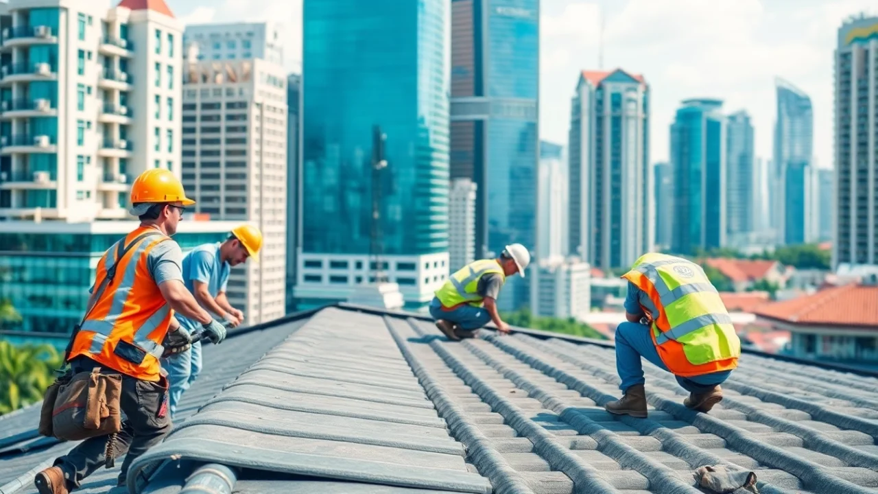 Roof Remodeling Singapore showcasing skilled workers on a modern urban building renovation.