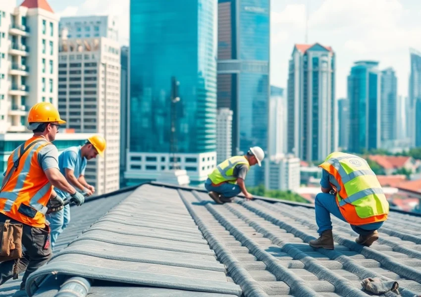 Roof Remodeling Singapore showcasing skilled workers on a modern urban building renovation.