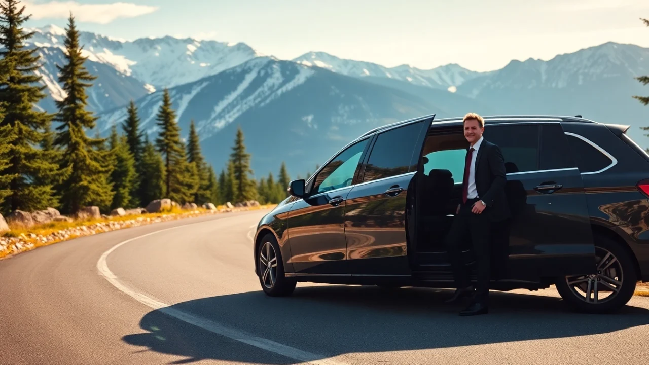 Vancouver to whistler car service featuring a luxury vehicle with a chauffeur against scenic mountain backdrop.