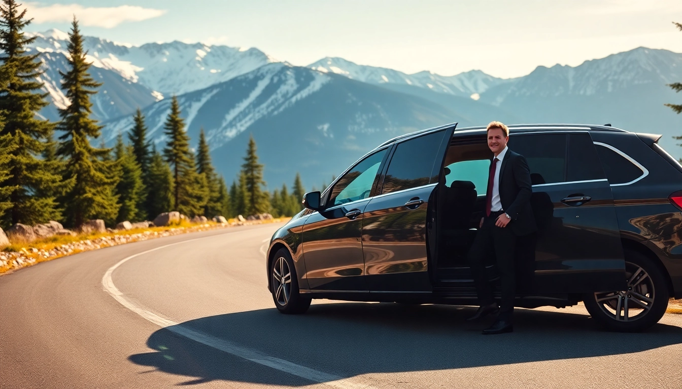 Vancouver to whistler car service featuring a luxury vehicle with a chauffeur against scenic mountain backdrop.