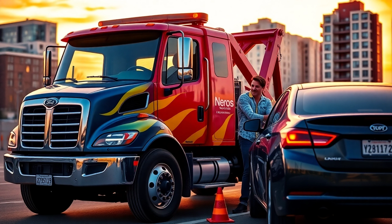 Towing Service assisting a driver in a stranded vehicle during sunset with a professional touch.