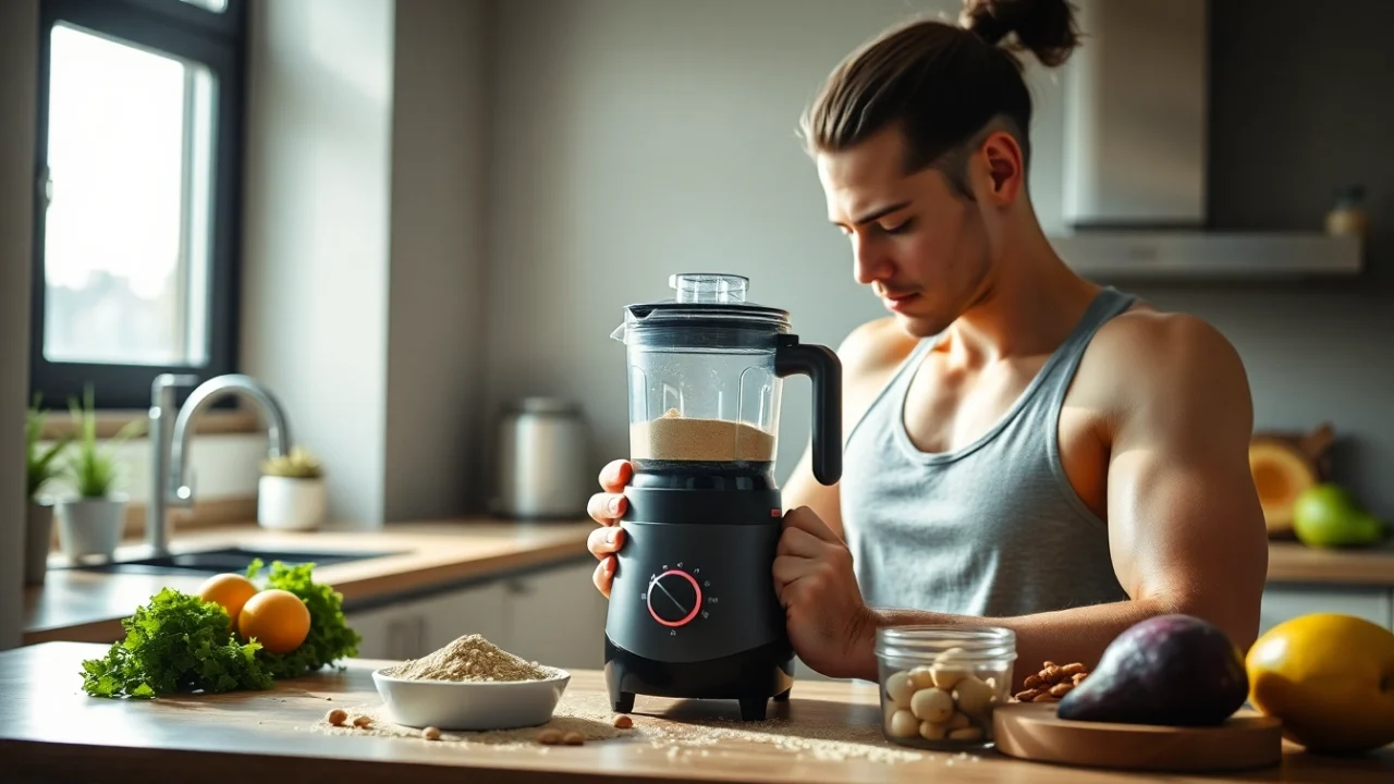 Mixing protein powder with fresh ingredients in a bright kitchen.