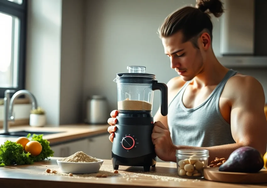 Mixing protein powder with fresh ingredients in a bright kitchen.