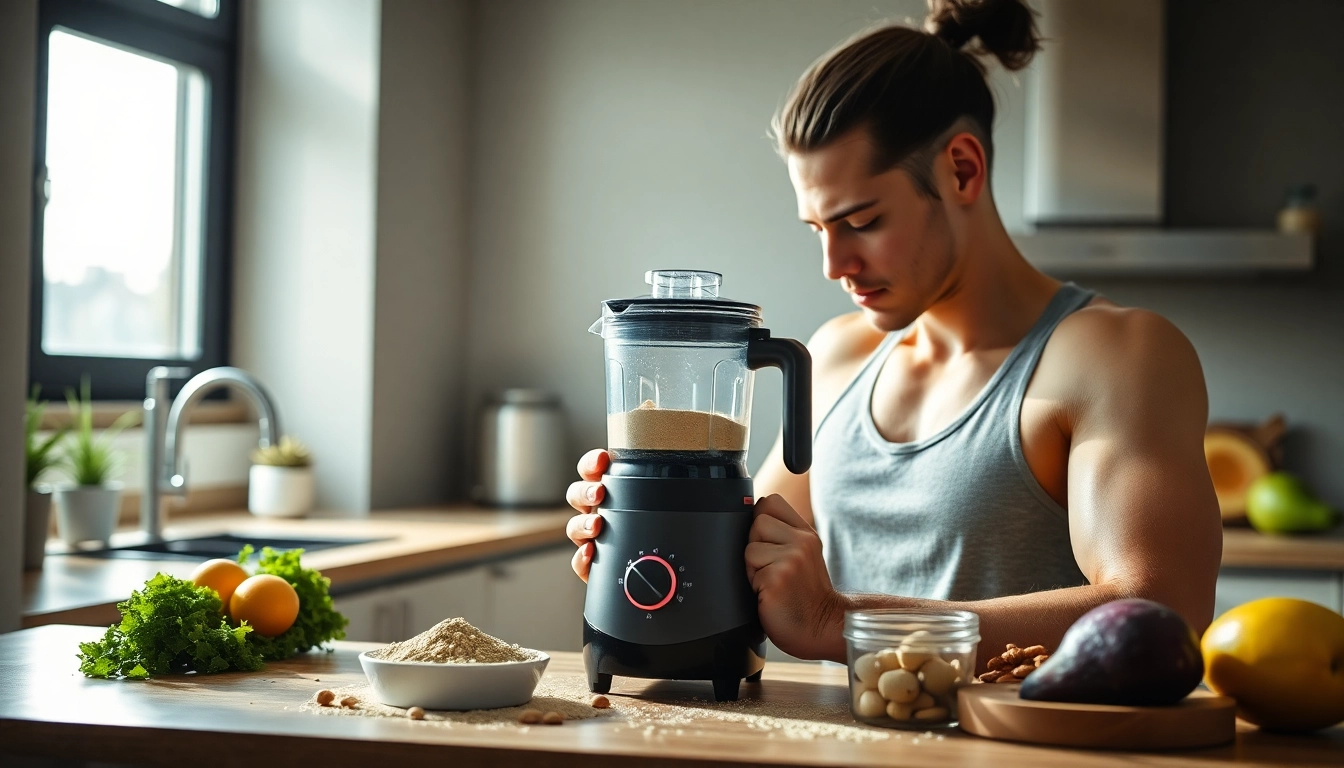 Mixing protein powder with fresh ingredients in a bright kitchen.