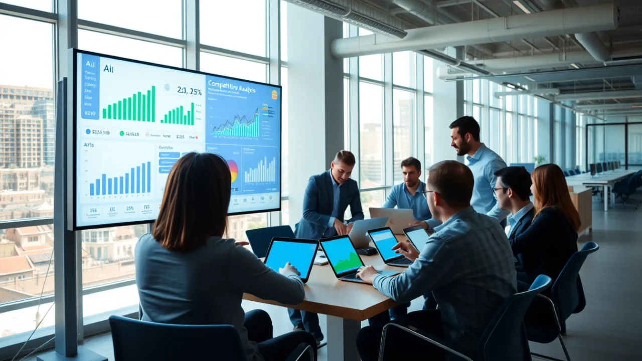 Teams collaborating on ai for competitor analysis strategies with data insights in a modern office.