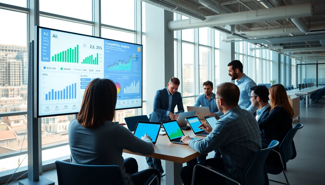 Teams collaborating on ai for competitor analysis strategies with data insights in a modern office.