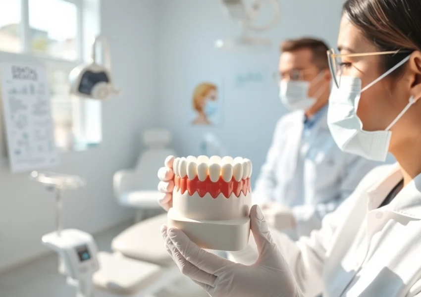 Dentist showcasing dental crowns in a clinical setting, illustrating advanced dental care techniques.