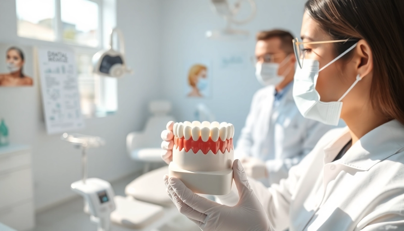 Dentist showcasing dental crowns in a clinical setting, illustrating advanced dental care techniques.