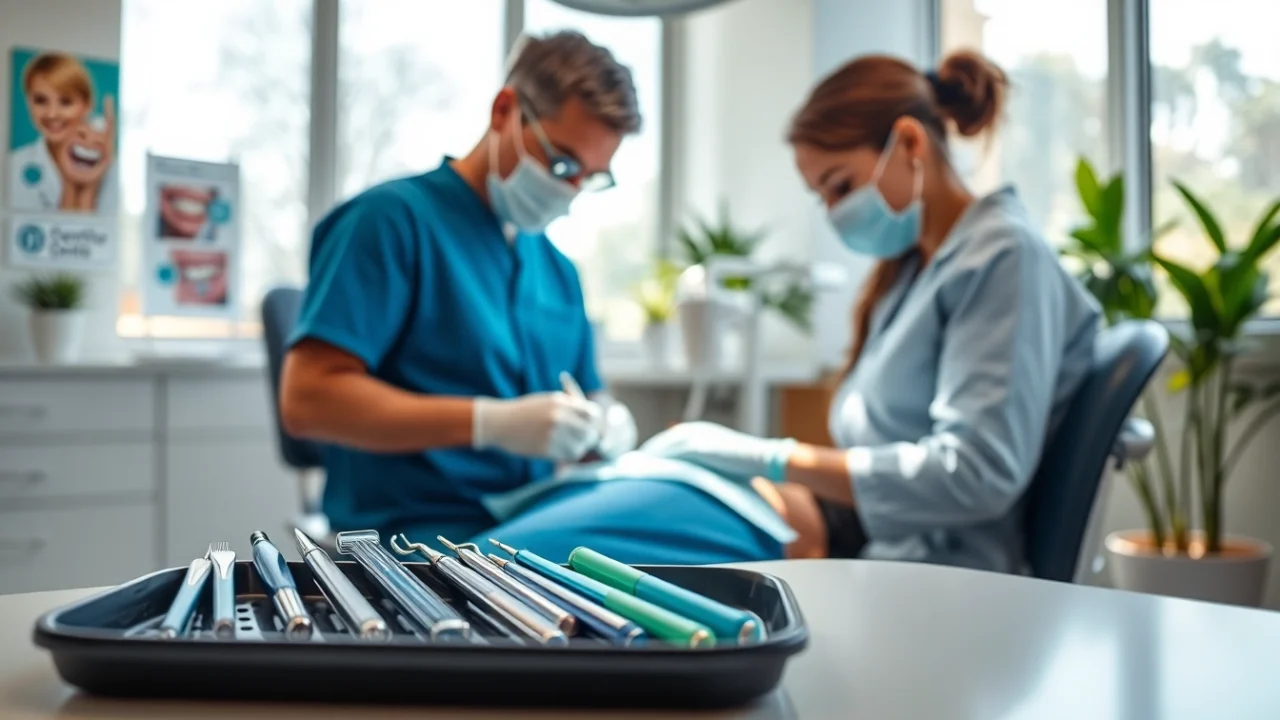 Dental cleanings in a bright clinic with professional tools and a warm atmosphere.