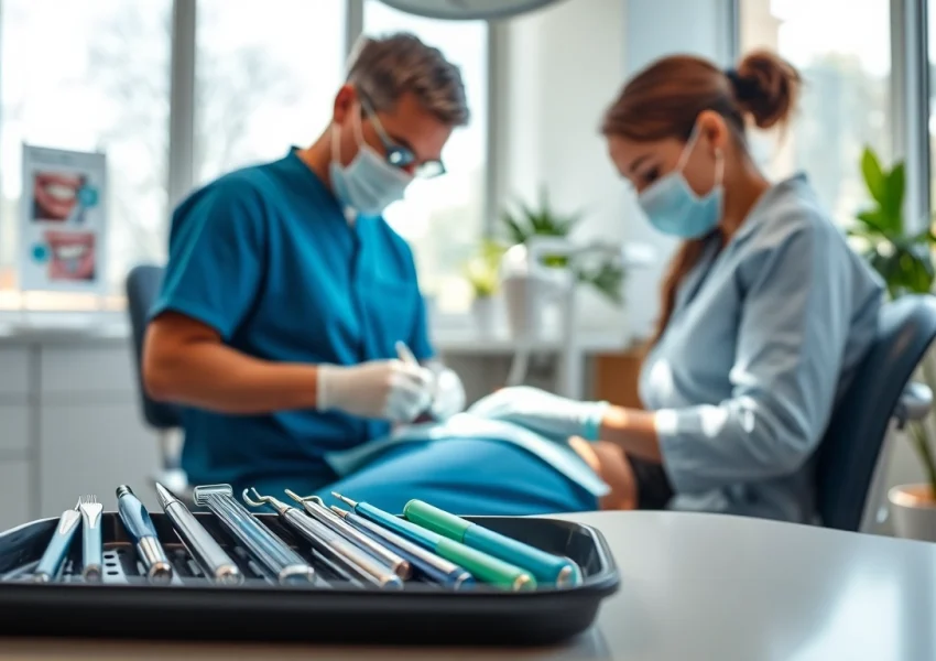 Dental cleanings in a bright clinic with professional tools and a warm atmosphere.