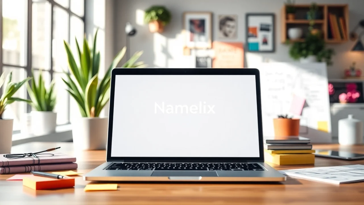 Engage with the Namelix app interface showcased on a modern laptop amid a creative workspace.