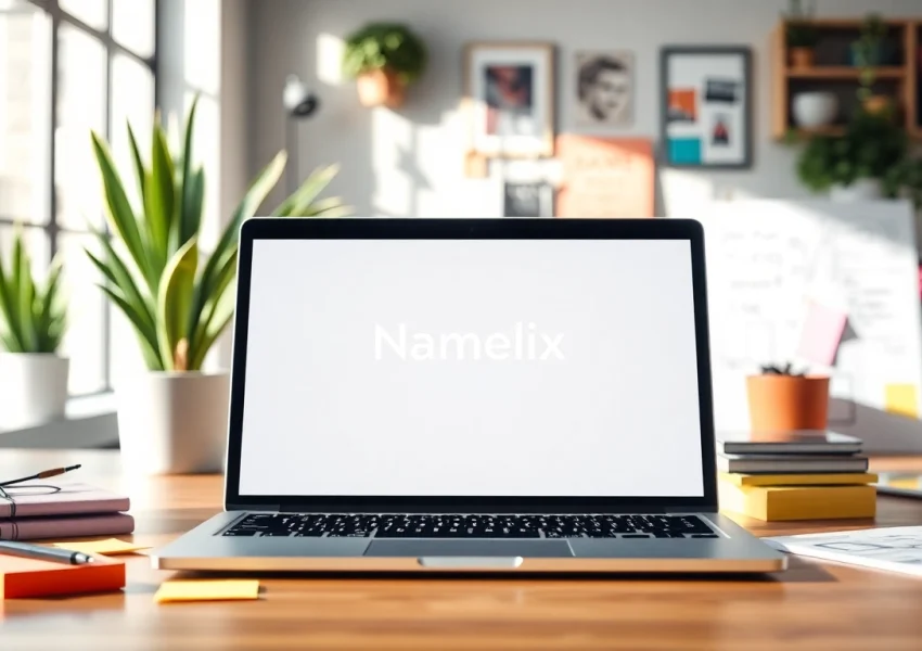 Engage with the Namelix app interface showcased on a modern laptop amid a creative workspace.