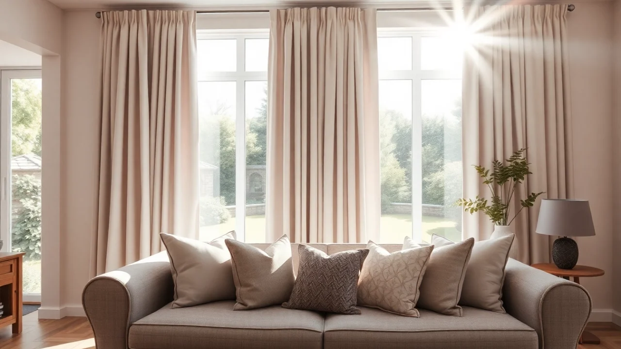Bright living room with made to measure curtains beautifully framing a window.